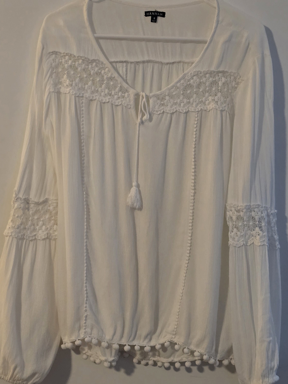 Hannah Cream Boho Tassel Peasant Top With Pom-Pom Hem